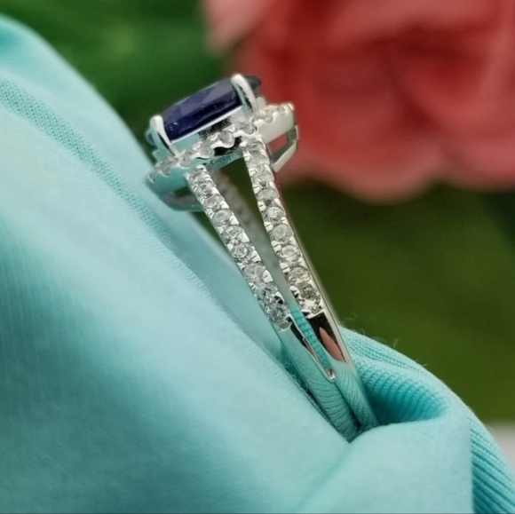 Vintage Silver Simulant Sapphire and CZ Halo Split Ring-Sterling-Simulant-Estate - Picture 6 of 9